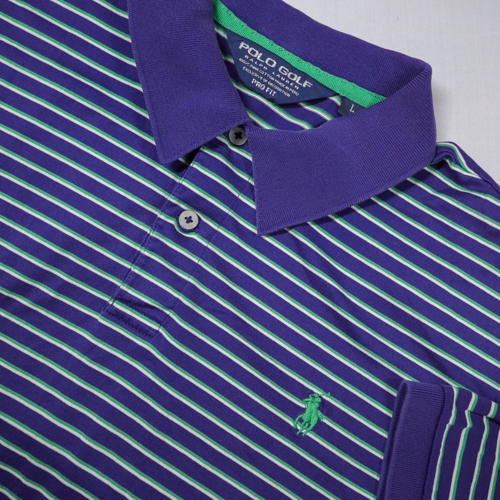 Polo Golf Ralph Lauren Shirt Mens Large Purple Green Striped Pima Cotton Pro Fit